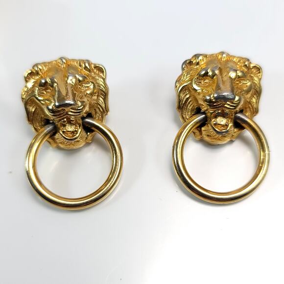 Gold Lion Head Hoop Earrings, Bold Statement Retro Fashion Jewelry for Women - Picture 3 of 10